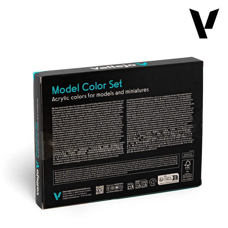 Back of a black Vallejo Model Color Set box with teal and white text describing acrylic colors for models and miniatures