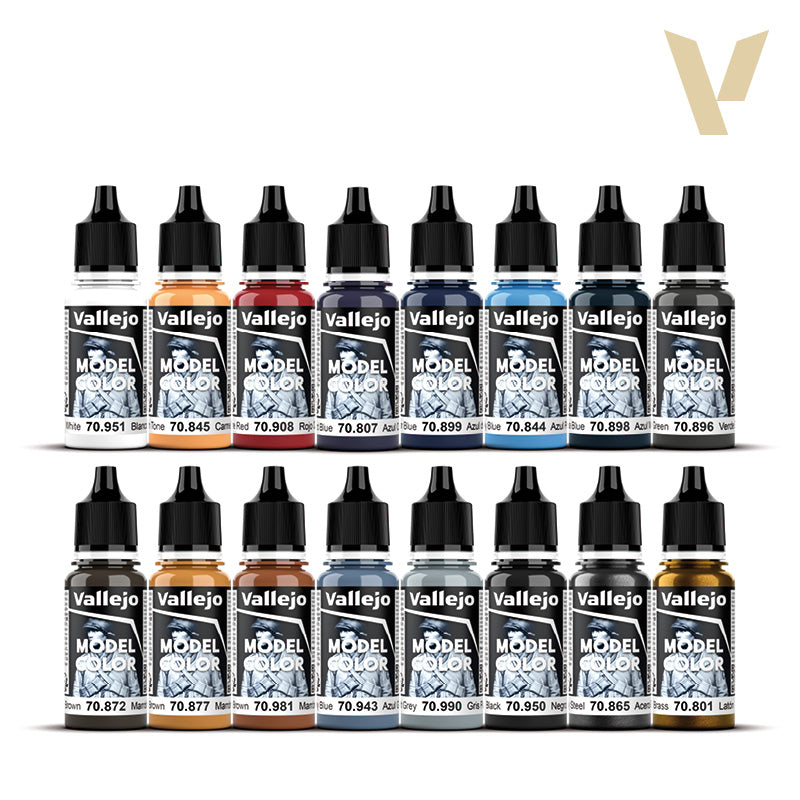 16 Vallejo Model Color paints in various colored dropper bottles, arranged in two rows