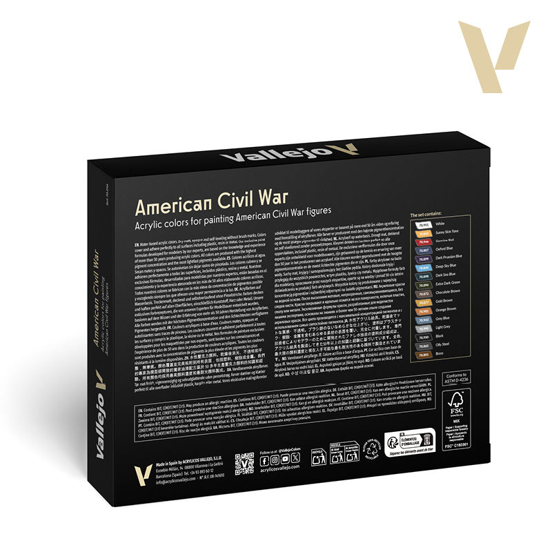 Black Vallejo American Civil War acrylic paint set box, detailing colors for figure painting