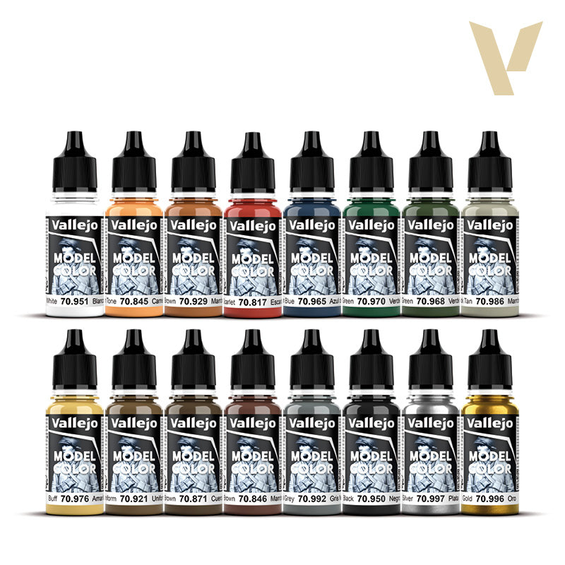 Sixteen Vallejo Model Color paint bottles in various colors, with black dropper tops, arranged in two rows