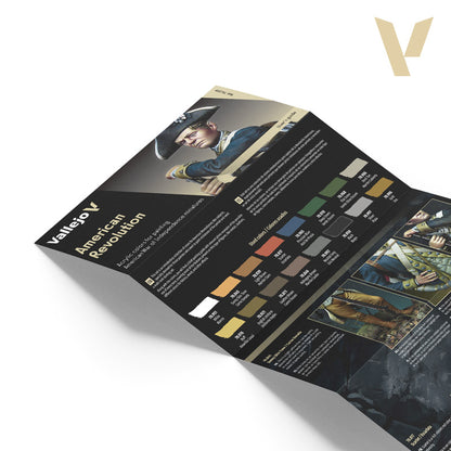 Folded Vallejo American Revolution miniature painting guide with a period soldier illustration and color swatches