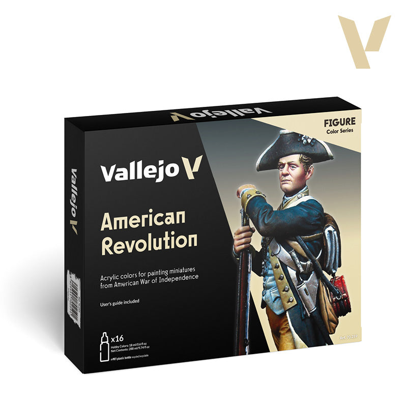 Black box of Vallejo "American Revolution" acrylic paints, featuring a Continental soldier with a musket