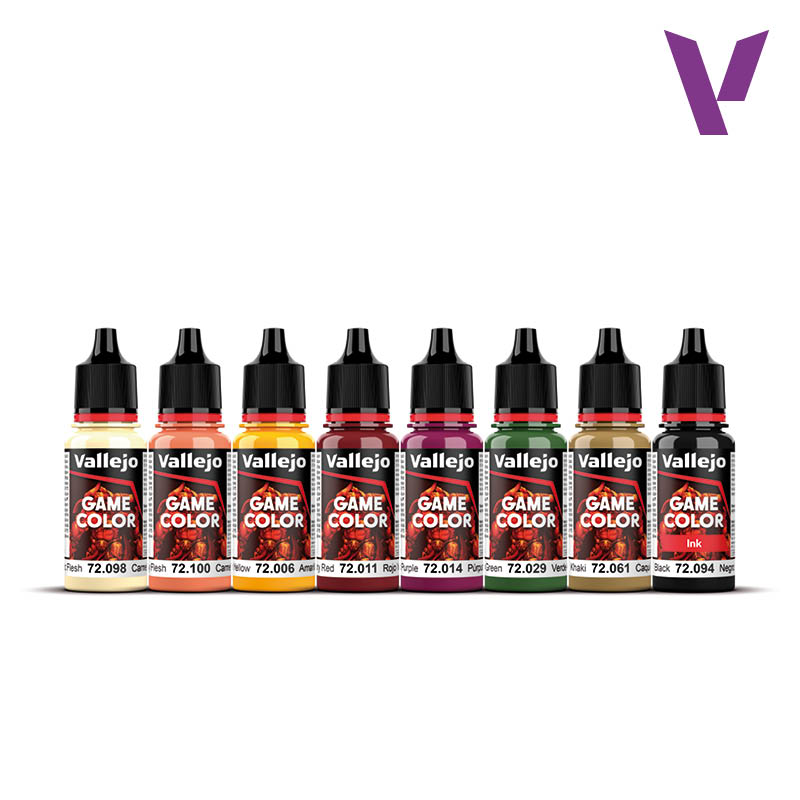 Eight Vallejo Game Color dropper bottles, displaying various paints including yellow, red, green, and black