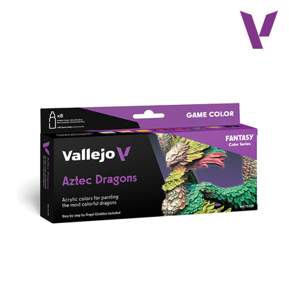 Vallejo Aztec Dragons 8-color acrylic paint set box with a vibrant green, yellow, and red dragon miniature