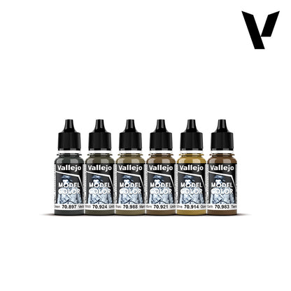Six dropper bottles of Vallejo Model Color paints, displaying military and earth tones