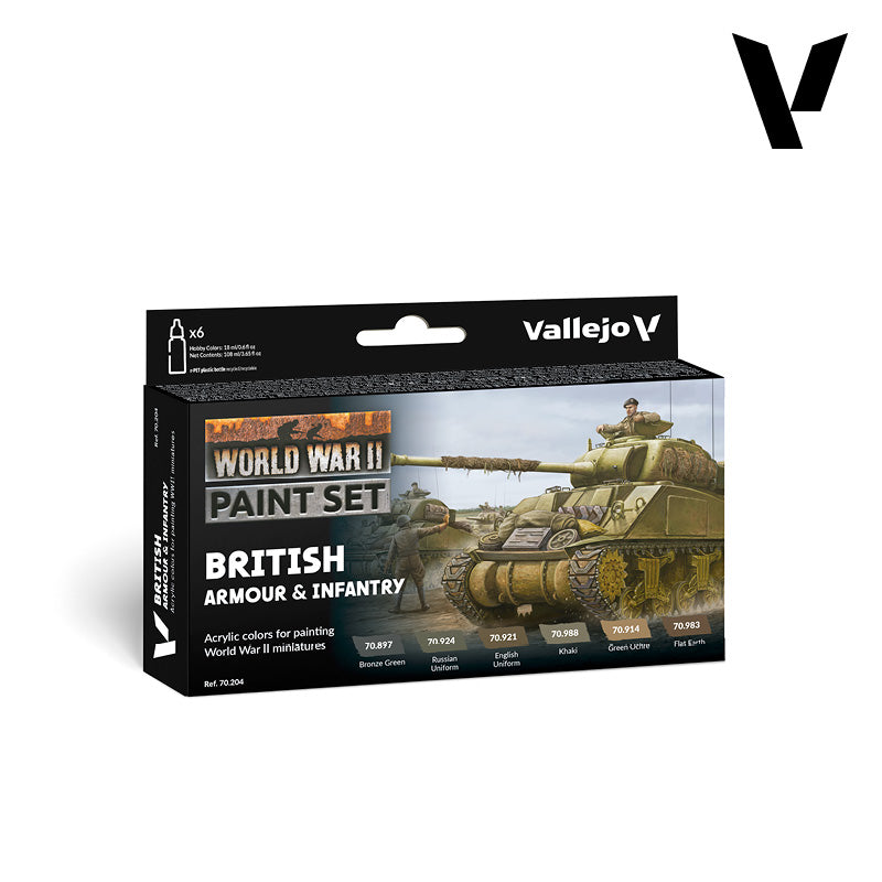 Vallejo World War II British Armour & Infantry Paint Set box, featuring a Sherman tank and soldiers