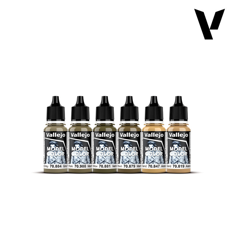 Six Vallejo Model Color paint bottles, in shades of green, brown, and tan, lined up on a white background