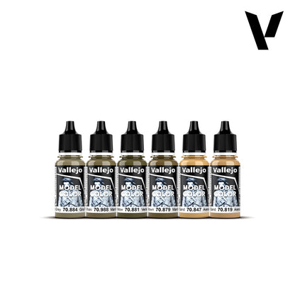 Six Vallejo Model Color paint bottles, in shades of green, brown, and tan, lined up on a white background