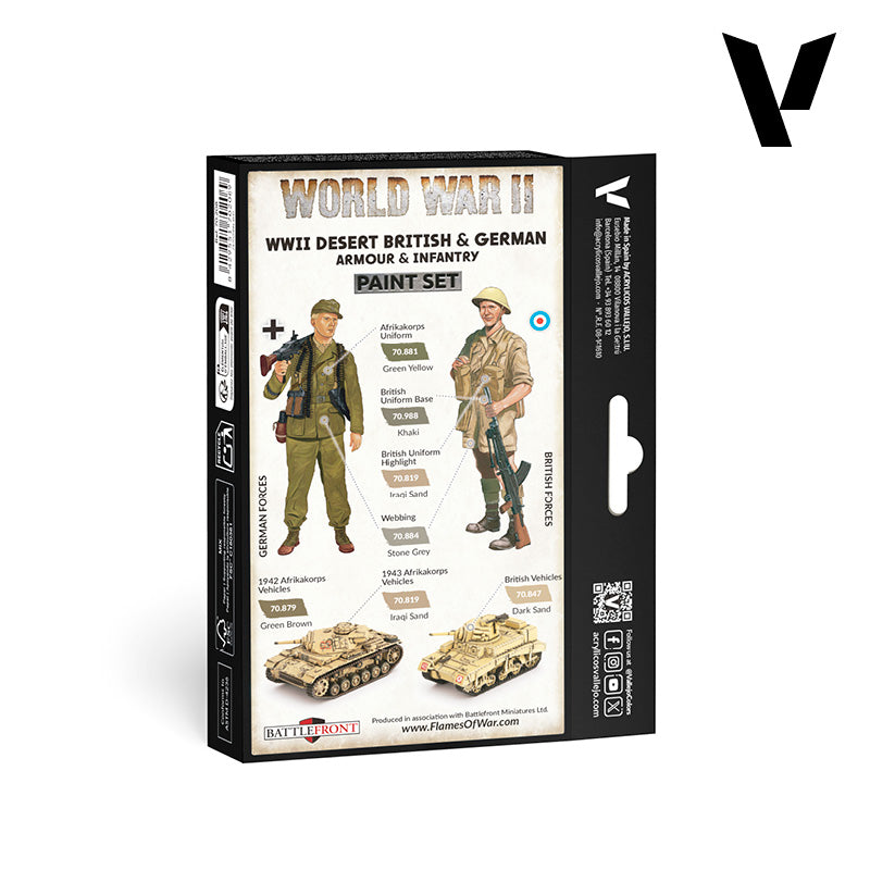WWII Desert British & German Paint Set box featuring illustrated soldiers, tanks, and paint color swatches