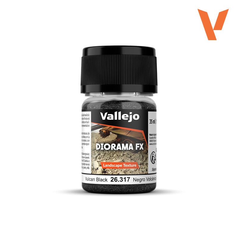Vallejo DIORAMA FX Vulcan Black Landscape Texture: a clear jar of black textured material with a black cap