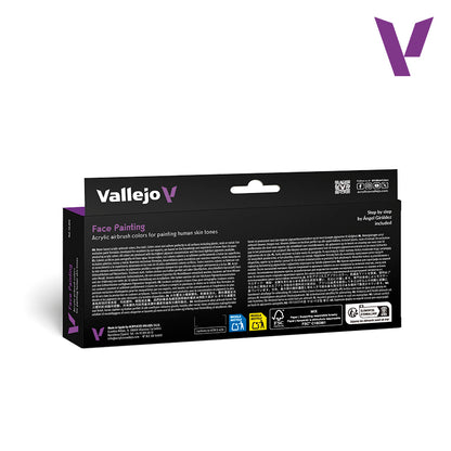 Black box of Vallejo Face Painting acrylic airbrush colors for painting human skin tones, with multilingual text and recycling labels visible