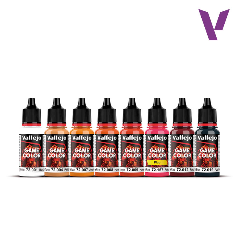 Eight Vallejo Game Color dropper paint bottles arranged in a color gradient from white to blue