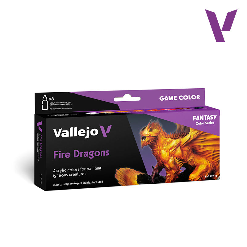 Vallejo Game colour 'Fire Dragons' acrylic paint set box, featuring a detailed orange dragon image