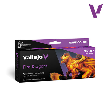 Vallejo Game colour 'Fire Dragons' acrylic paint set box, featuring a detailed orange dragon image