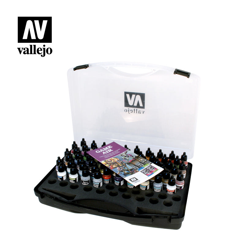 Vallejo Game Air paint set: Open case with clear lid, many paint bottles & Game Air booklet
