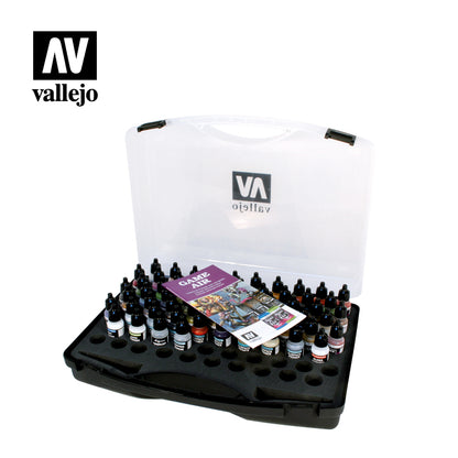 Vallejo Game Air paint set: Open case with clear lid, many paint bottles & Game Air booklet