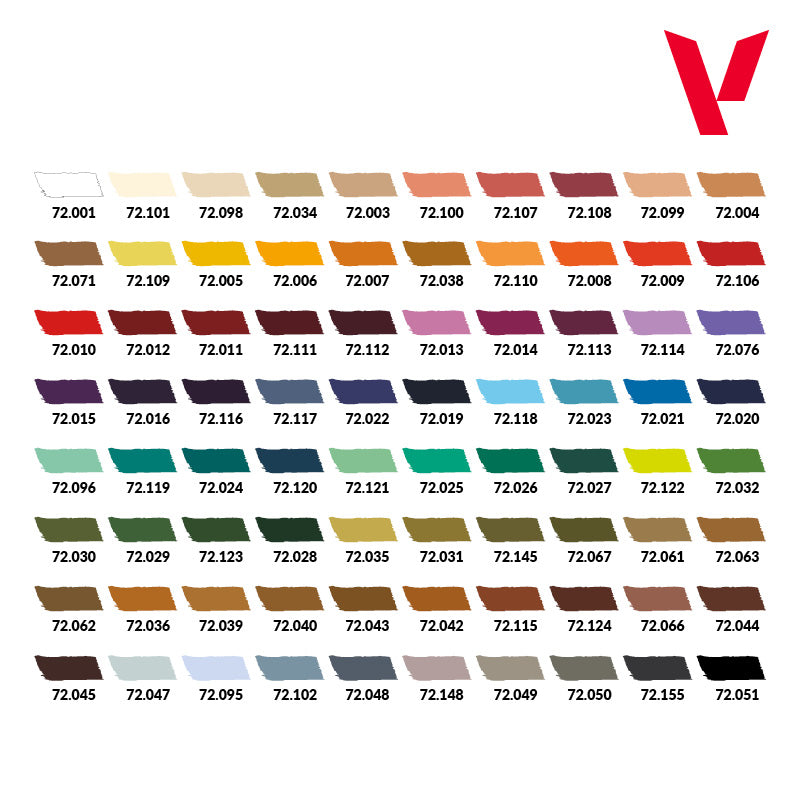 A grid of textured colour swatches with numbers, displaying a wide range of hues. Red V logo in corner