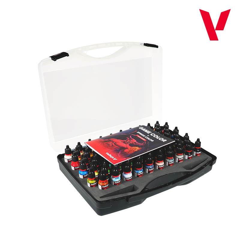 Vallejo Game colour paint set in an open black case with a clear lid, displaying many small paint bottles and a &quot;Game colour&quot; brochure