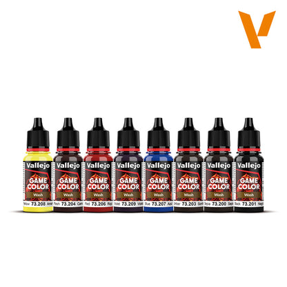 Eight Vallejo Game Color Wash paint bottles in a row, various colors, with black dropper caps