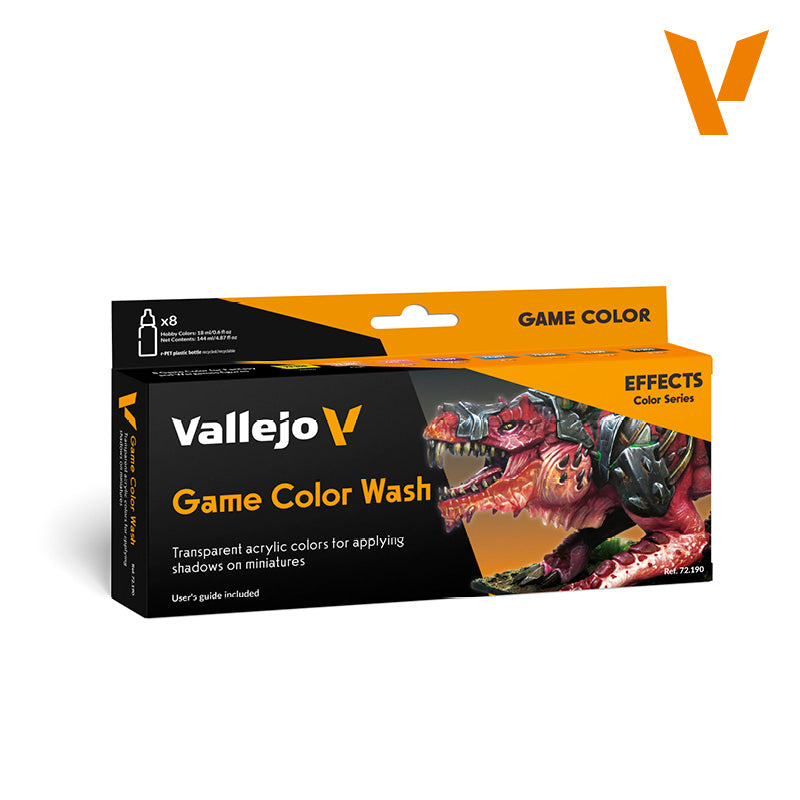 Vallejo Game Color Wash box, 8 bottles of acrylic paint for shading miniatures, featuring a red fantasy monster