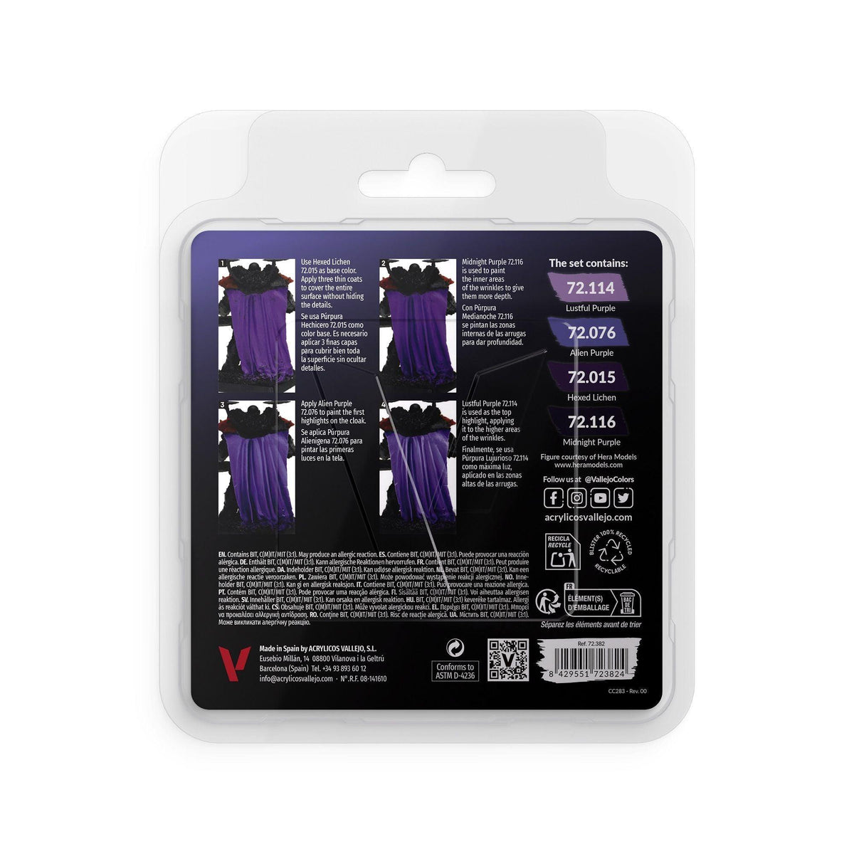 Vallejo paint blister pack with a 4-step guide for painting a miniature&#39;s purple cloak