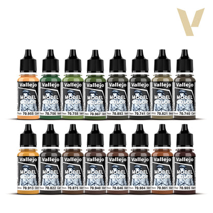 Sixteen Vallejo Model Color dropper bottles in assorted greens, browns, and orange, arranged in two rows