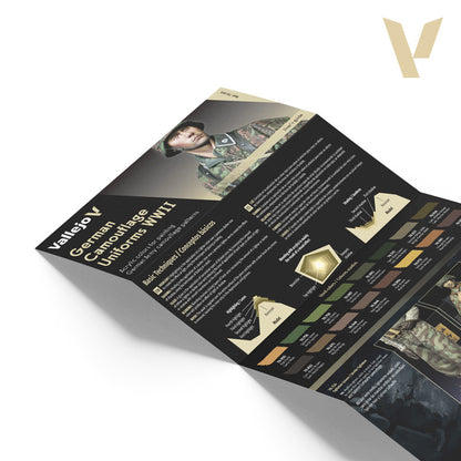 A Vallejo guide for painting German WWII camouflage uniforms, featuring a soldier model and color palette
