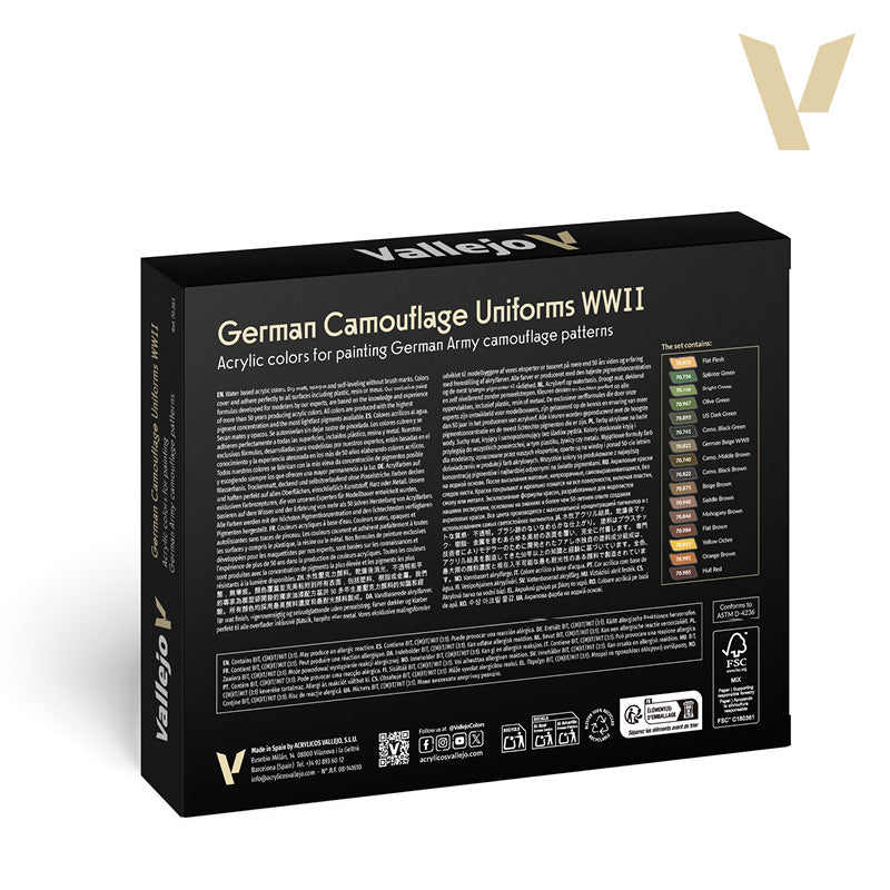 Black Vallejo acrylic paint set for WWII German camouflage, listing 16 colors