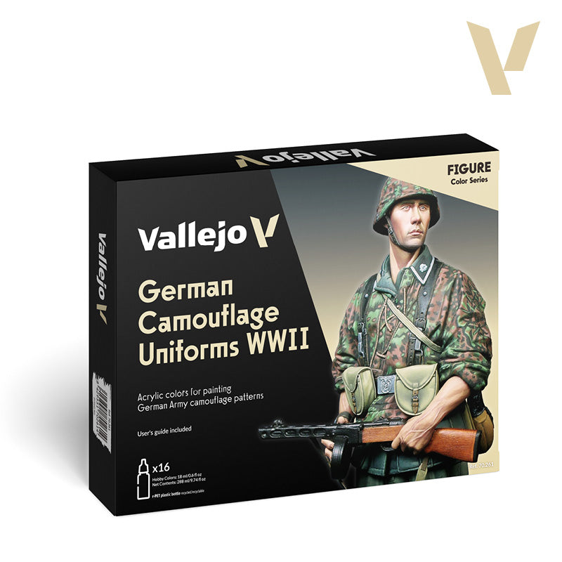 Vallejo paint set box for German WWII camouflage, featuring a soldier in uniform holding a submachine gun