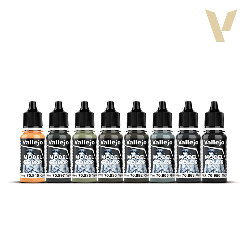 A line of eight Vallejo Model Color paints, featuring various shades of green, gray, and a tan color