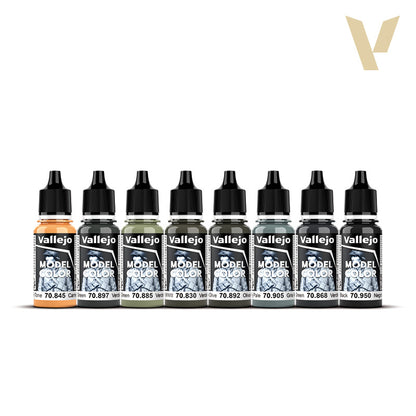 A line of eight Vallejo Model Color paints, featuring various shades of green, gray, and a tan color