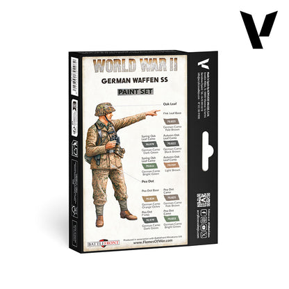 Rear view of World War II German Waffen SS Paint Set box with a camouflaged soldier pointing, next to color swatches