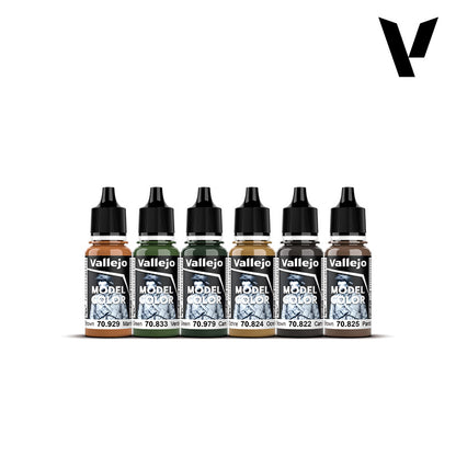 Six Vallejo Model Color paint bottles in shades of brown, green, and ochre, lined up