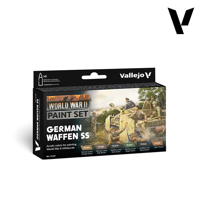 Vallejo WWII German Waffen SS acrylic paint set for miniatures. Box shows soldiers, tank; lists 6 camouflage colors