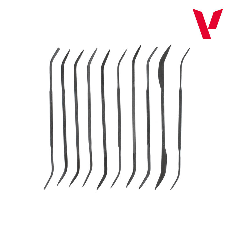 Vallejo Hobby Tools Budget riffler file set: Ten slender, curved black metal picks arranged vertically on a white background