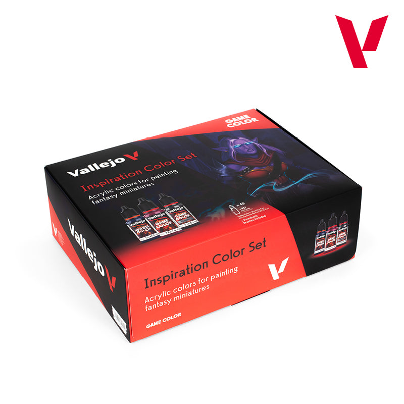 Vallejo Game Color set box featuring a fantasy character illustration, miniature paint bottles, and red and black packaging