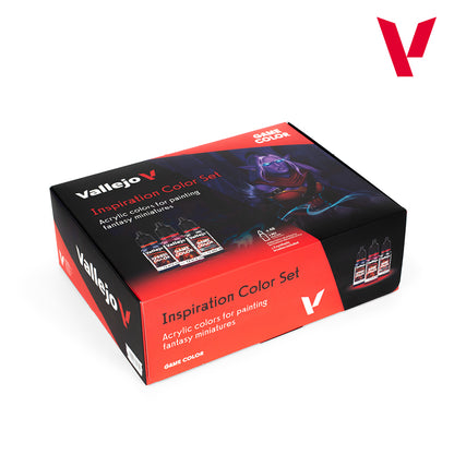 Vallejo Game Color set box featuring a fantasy character illustration, miniature paint bottles, and red and black packaging