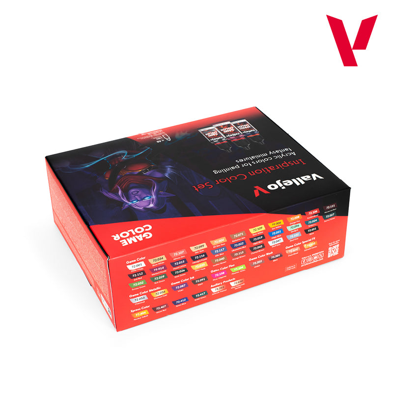 A black and red box for a miniature painting color set featuring a fantasy character illustration and many numbered color swatches