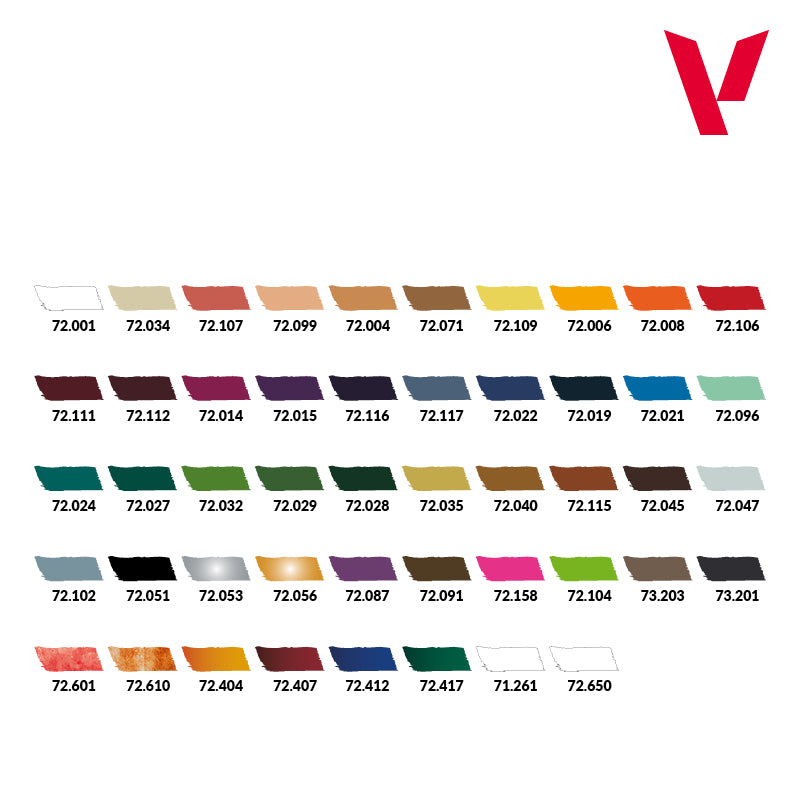 A grid of 54 paint color swatches in various shades including white, browns, reds, greens, blues, greys, and metallics, each with a product number