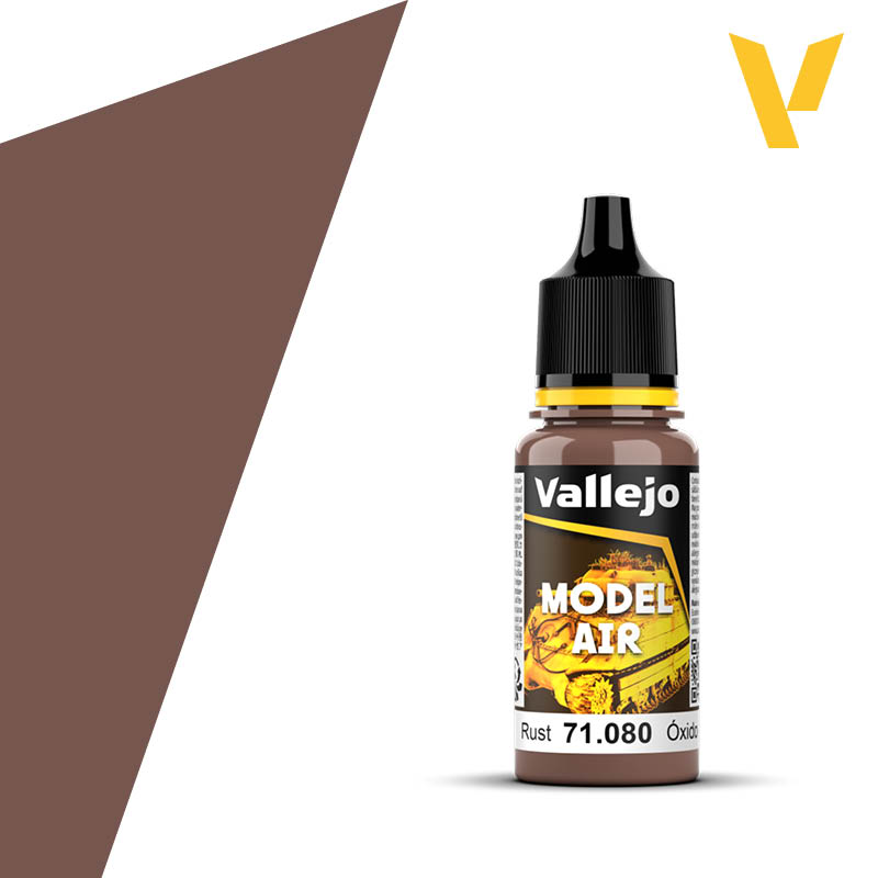 Vallejo Model Air Rust 71.080 paint in a brown dropper bottle, with a matching brown color swatch