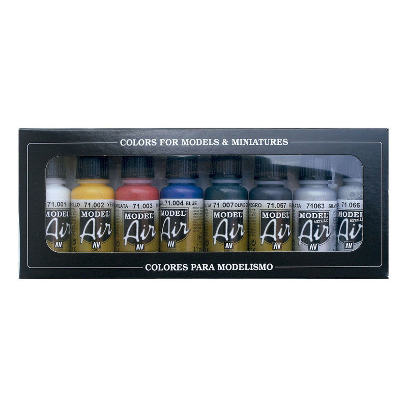 A black box of eight "Model Air" paints for models & miniatures, in white, yellow, red, blue, olive, black, and silver