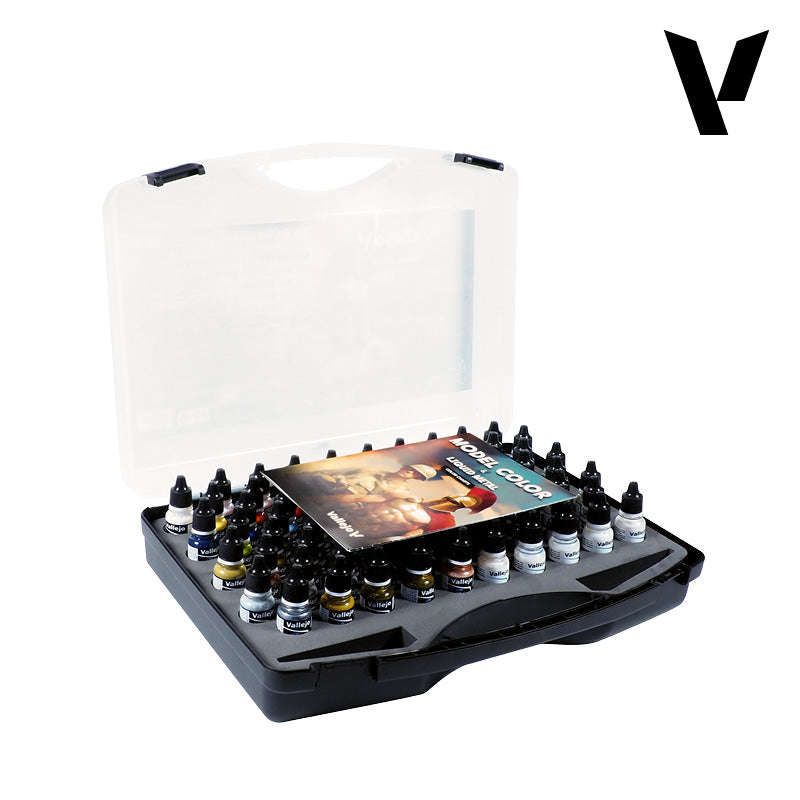 An open clear plastic case displays a Vallejo Model colour paint set with many colorful bottles and a 'Model Color' booklet
