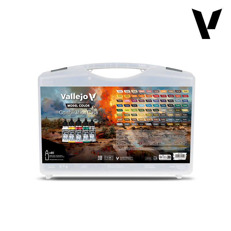 Vallejo Model colour Combination Case: 80 dropper paint bottles visible in a clear plastic carrying case