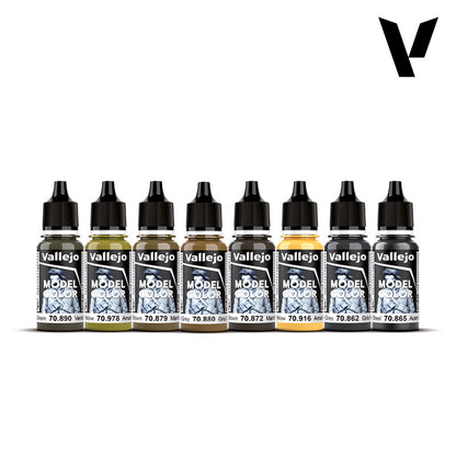Eight Vallejo Model Color paint bottles in various shades of green, brown, gray, and yellow