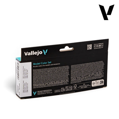 Rear View of Vallejo Model Color Set box for acrylic paints, angled, showing product details, color names, and branding