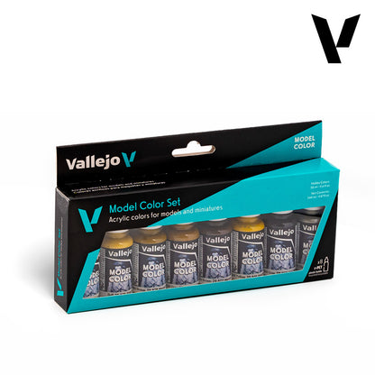 Vallejo Model colour Set box displaying 8 acrylic model paints, primarily brown, yellow, and grey