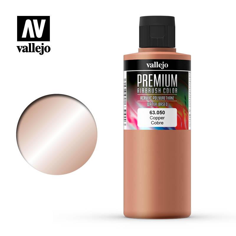 A Vallejo Premium Airbrush colour copper paint bottle and a round metallic copper swatch