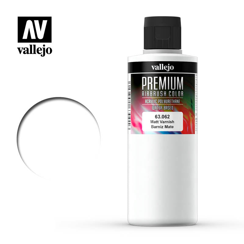 A white bottle of Vallejo Premium Matt Varnish (63.062) for airbrush, with logo and a white finish