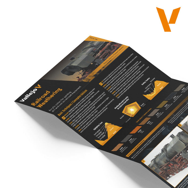Folded Vallejo 'Railroad Weathering' brochure with painting techniques for model trains and a V-logo
