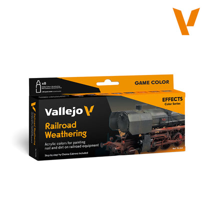 Vallejo Railroad Weathering paint set for model trains, with a weathered steam locomotive pictured